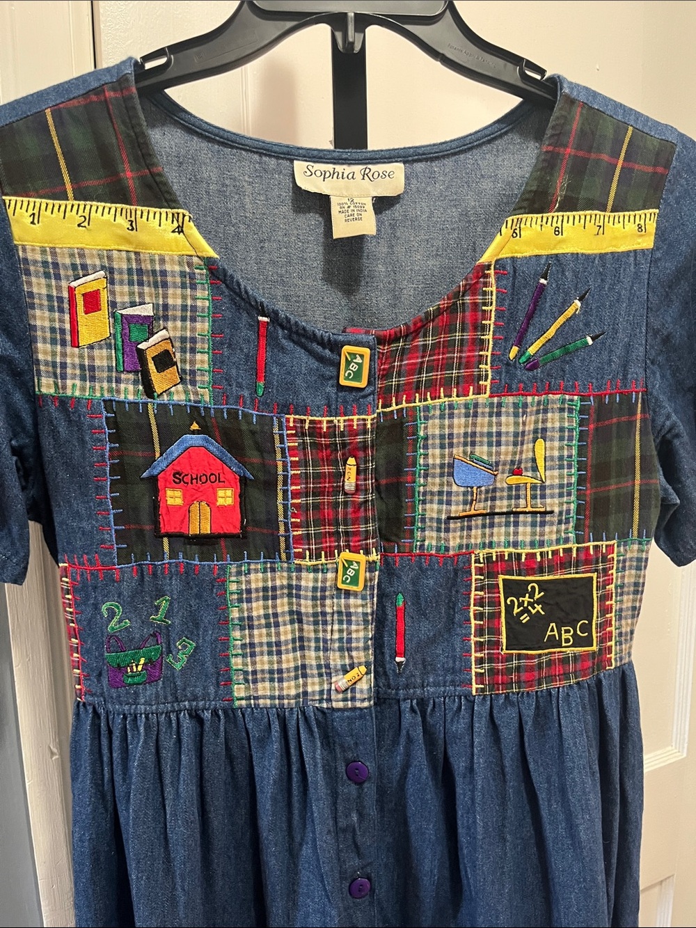 Vintage Sophia Rose Denim Patchwork School Embroidery Dress Sz 12 #818